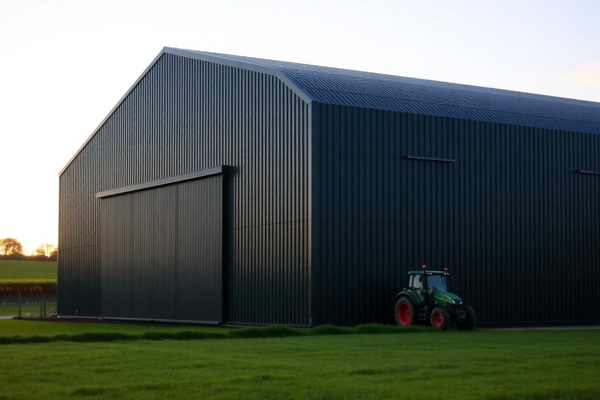 Dark green clad agricultural steel building with a tractor outside