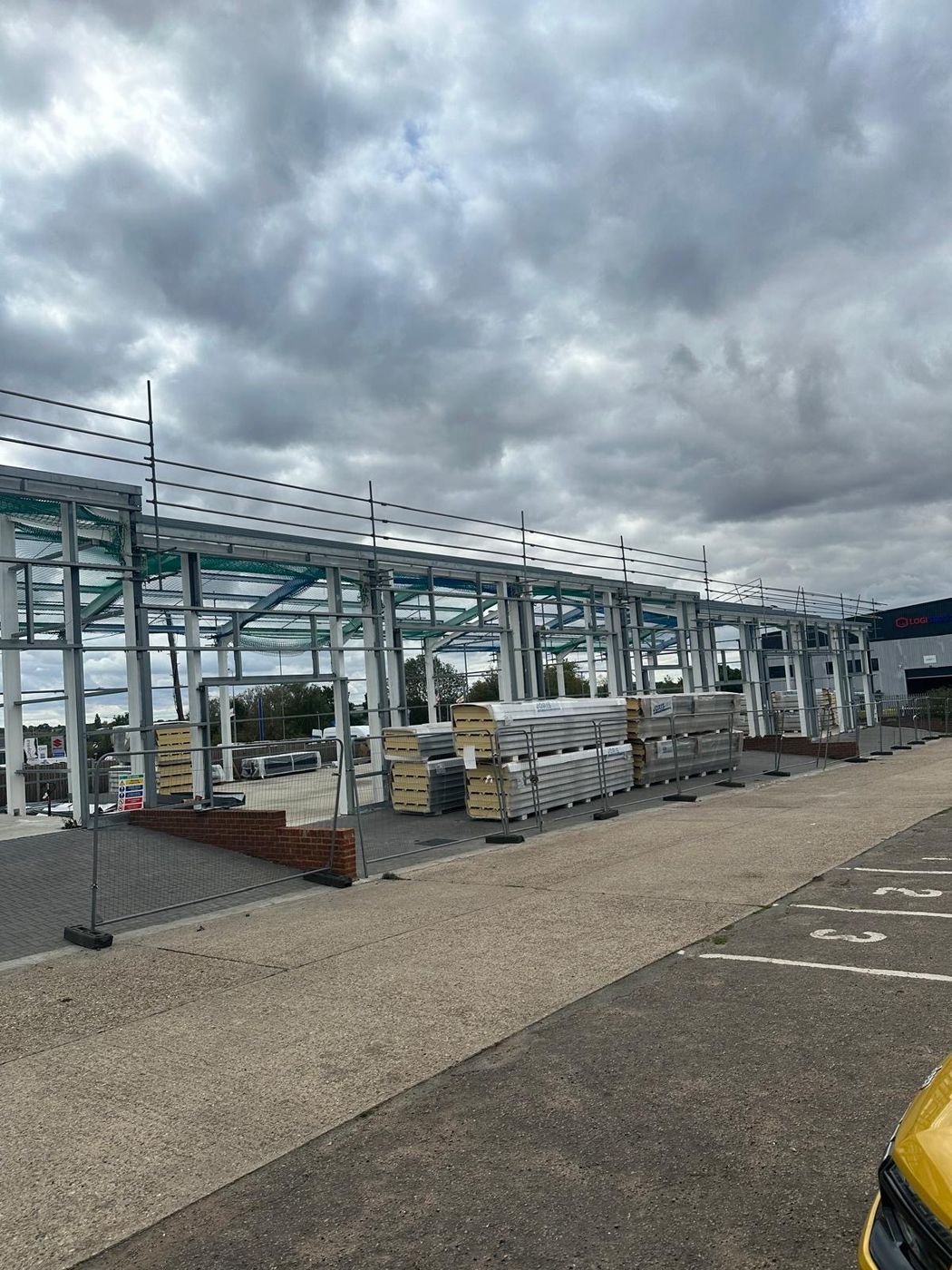 Steel portal frame under construction at Springwood Court, Braintree